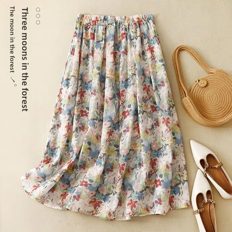 

Summer Floral Print A-Line Midi Skirt Women's Vintage Versatile f-length Painted Sle Slimming Ele Trendy Skirt