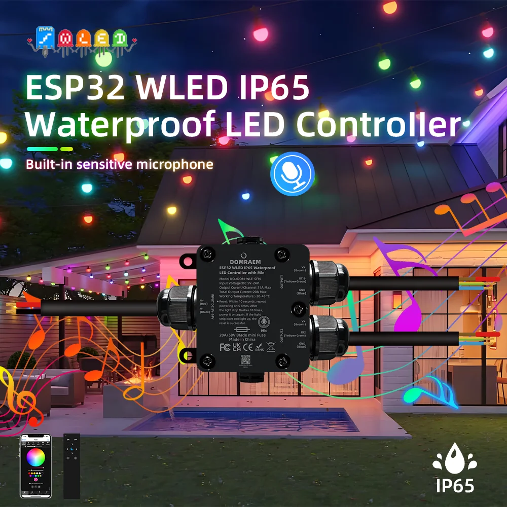 IP65 Waterproof DOMRAEM ESP32 WLED 2CH LED Controller | Outdoor Use, 20A Fuse & Music Sync | Supports WS281X SK6812 APA102   ICs