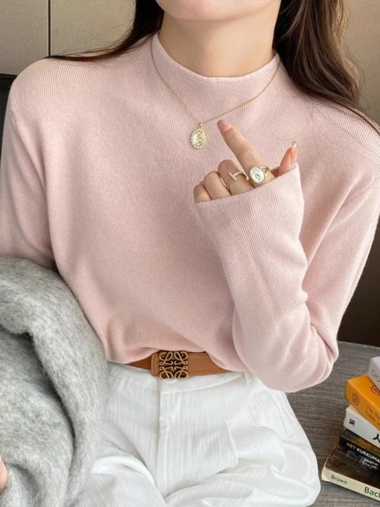 

Pink Half High Collar Knitted Base Shirt Women's Inner Wear Spring 2026 Versatile Stylish Casual Style Long Sleeve Top