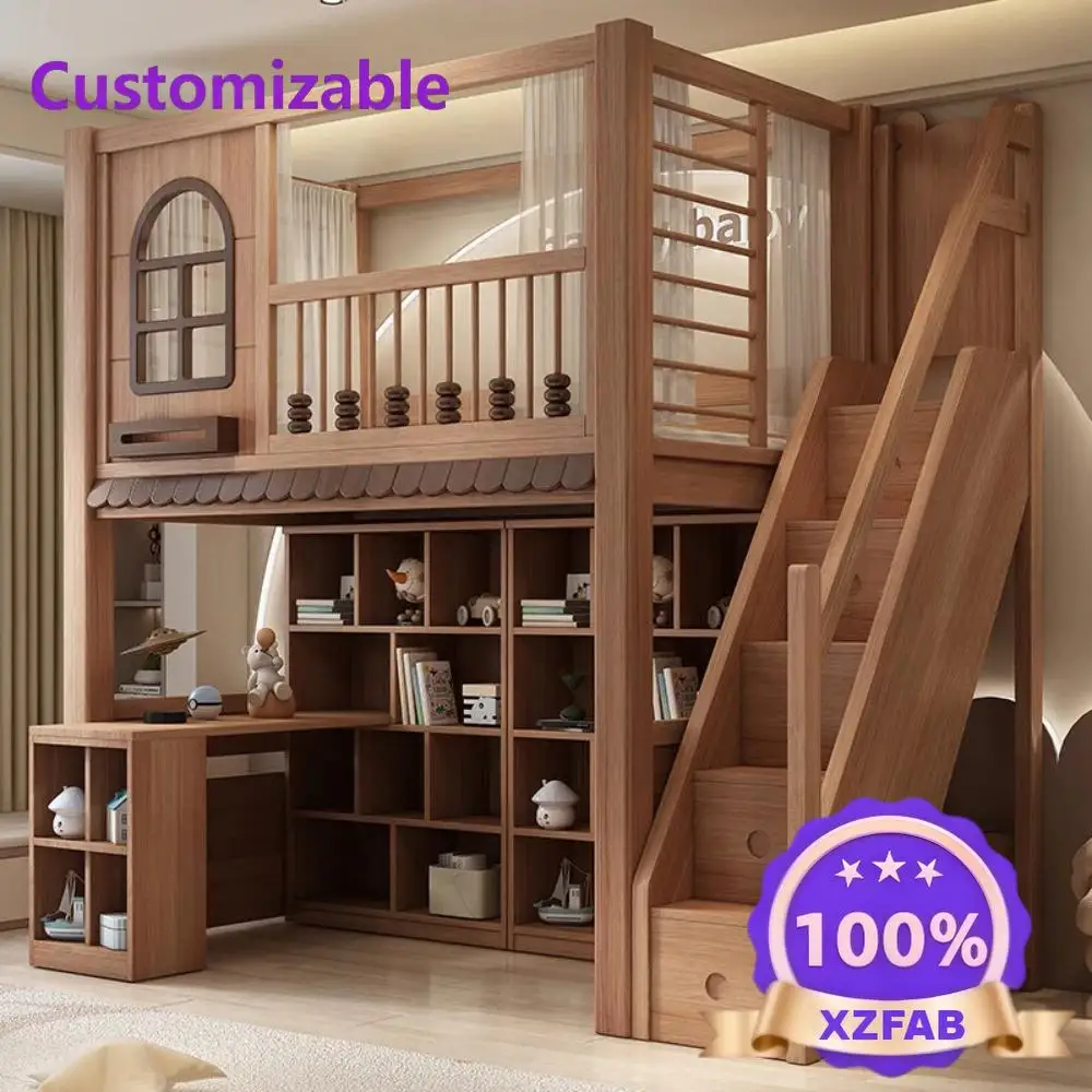 Factory Direct 2026 Solid Wood Bunk Bed for Kids Twin Over Twin Design Cream Style Princess Bed Frame with Safety Guardrail