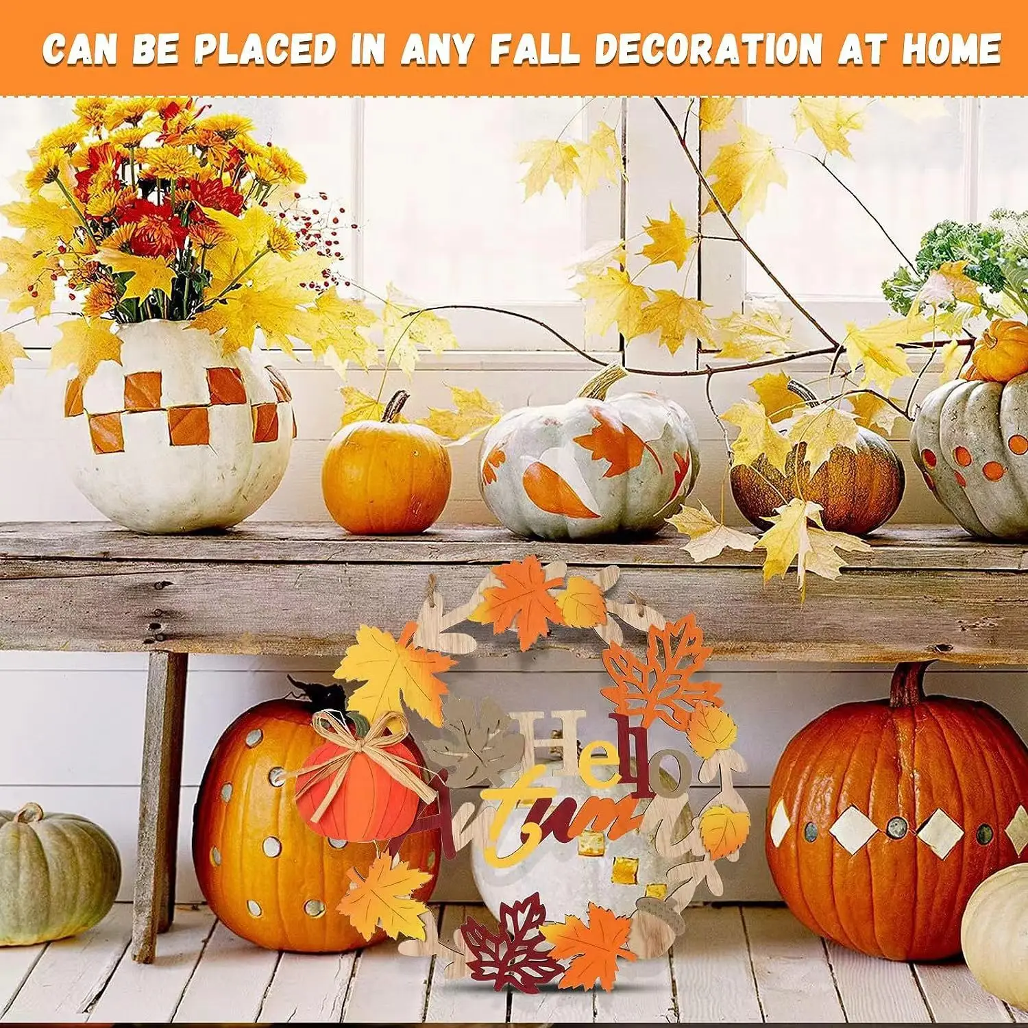 Decorated Wooden Wreath On The Front Door, Autumn Pumpkin Maple Leaves, Garden Fence Decoration