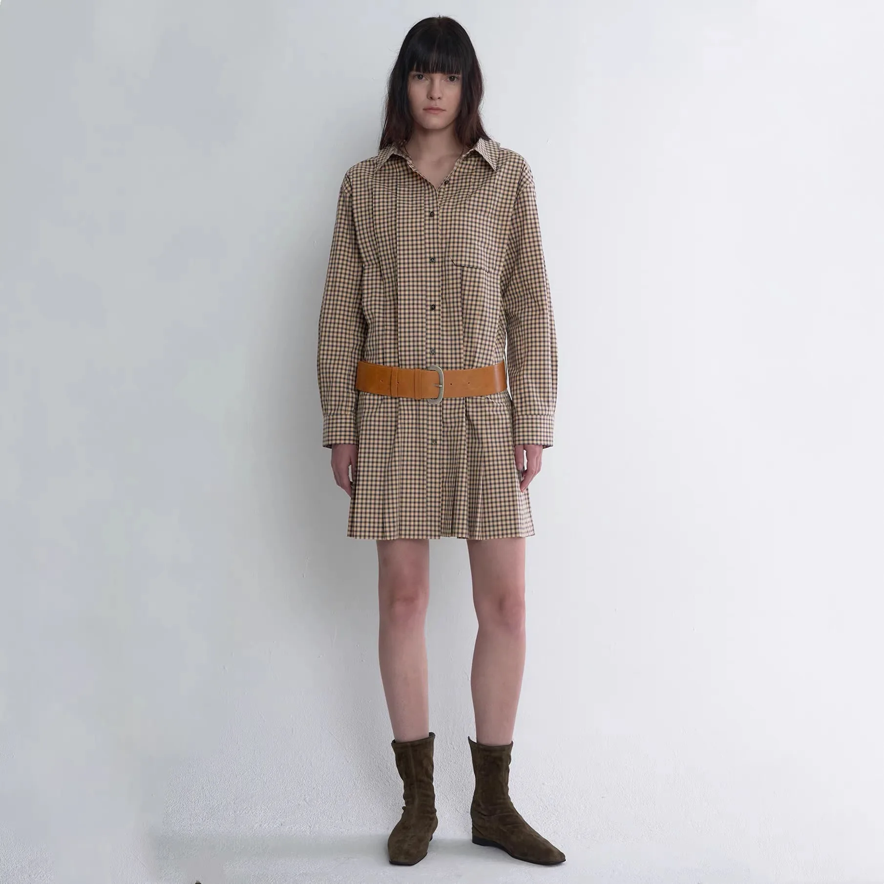 

TIM25 Осенний лимонный сыр irt Dr Midi в клетку с винтажным воротником для поездок на работу, длинные женские длинные брюки на пуговицах све