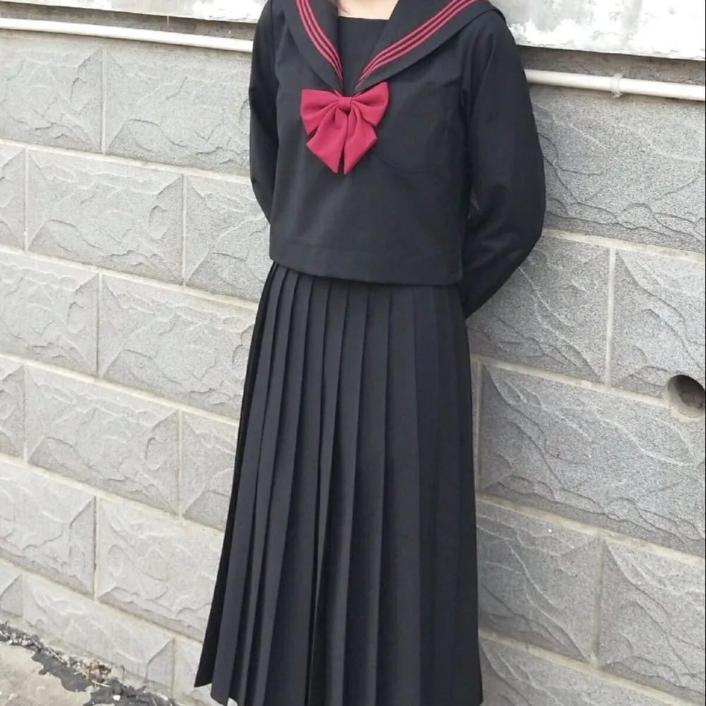 Dark JK School Uniform, Red Three-Line Sailor Suit, Japanese Delinquent Long Skirt for Graduation Photo & Daily Casual Outfit