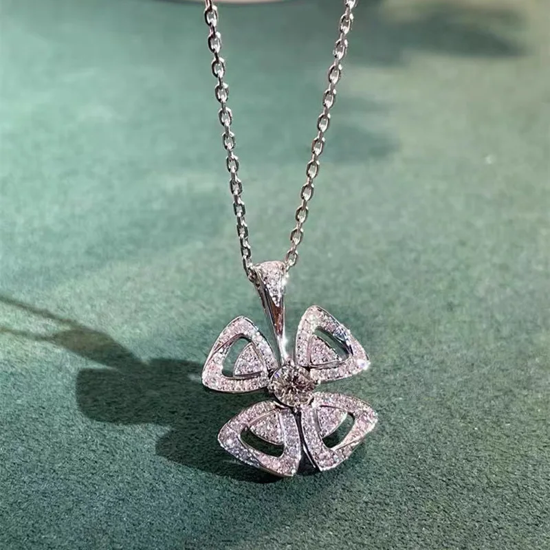 S925 Pure Silver Windmill Eternal Flower Necklace for Women, with Large Diamonds, Luxury Light Gold Four-Leaf clover Pendant Cho