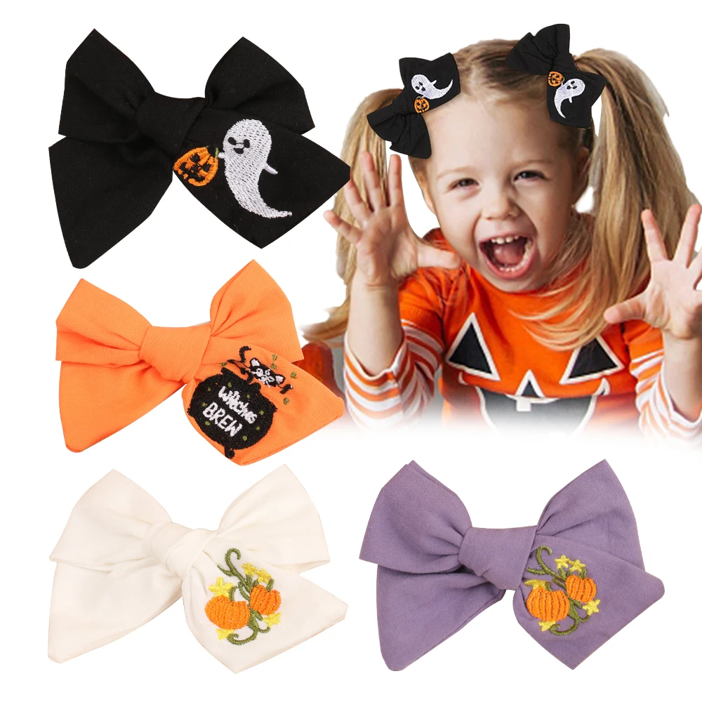 

ncmama 2Pcs/set Halloween Embroidered Hair Bows Clip For Baby Girl Ghost Hairpin Barrettes Child Headdress Kids Hair Accessories