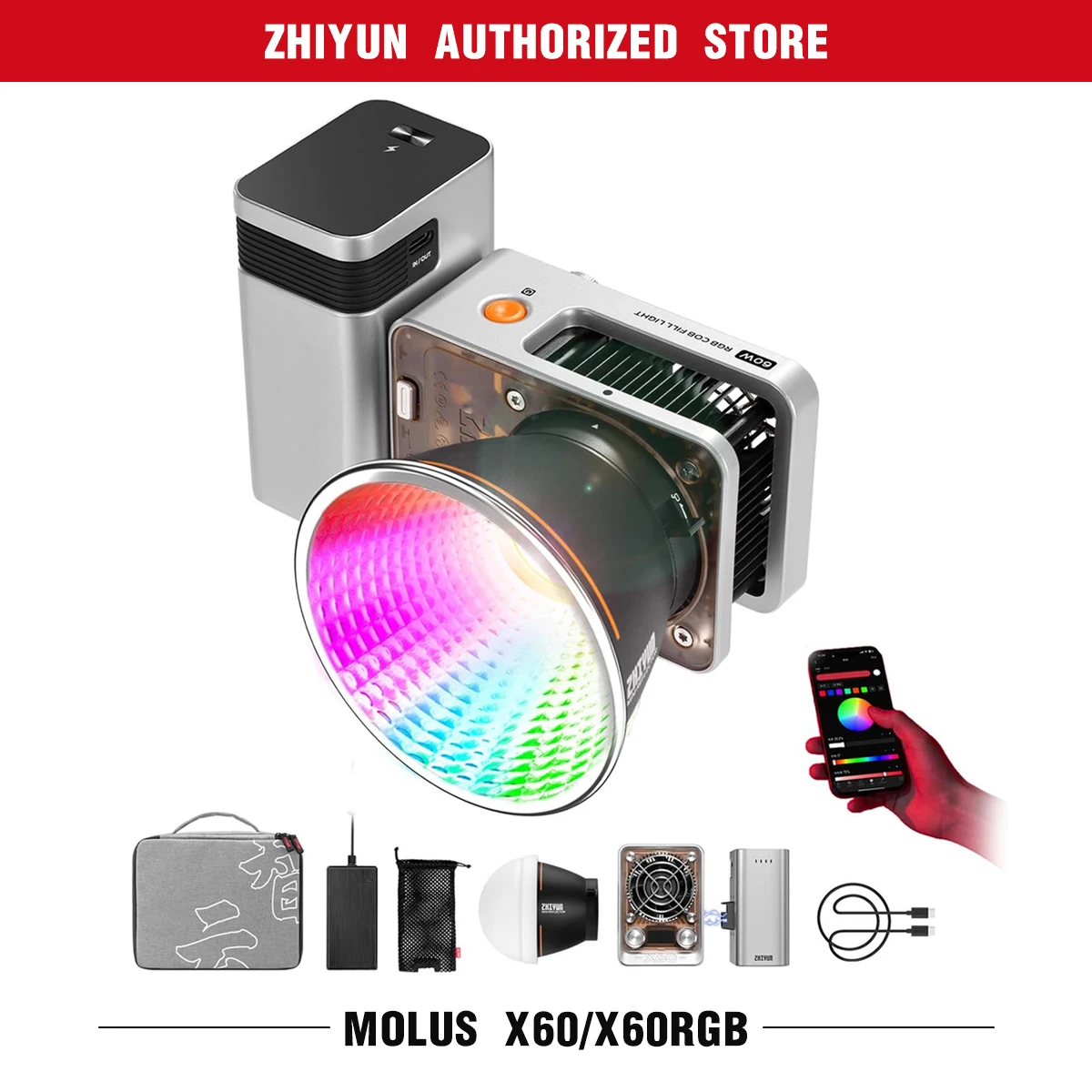 ZHIYUN MOLUS X60RGB X60 RGB COB Light 60W Pocket Photo Video Fill Light for Youtube Tiktok Live Interviews