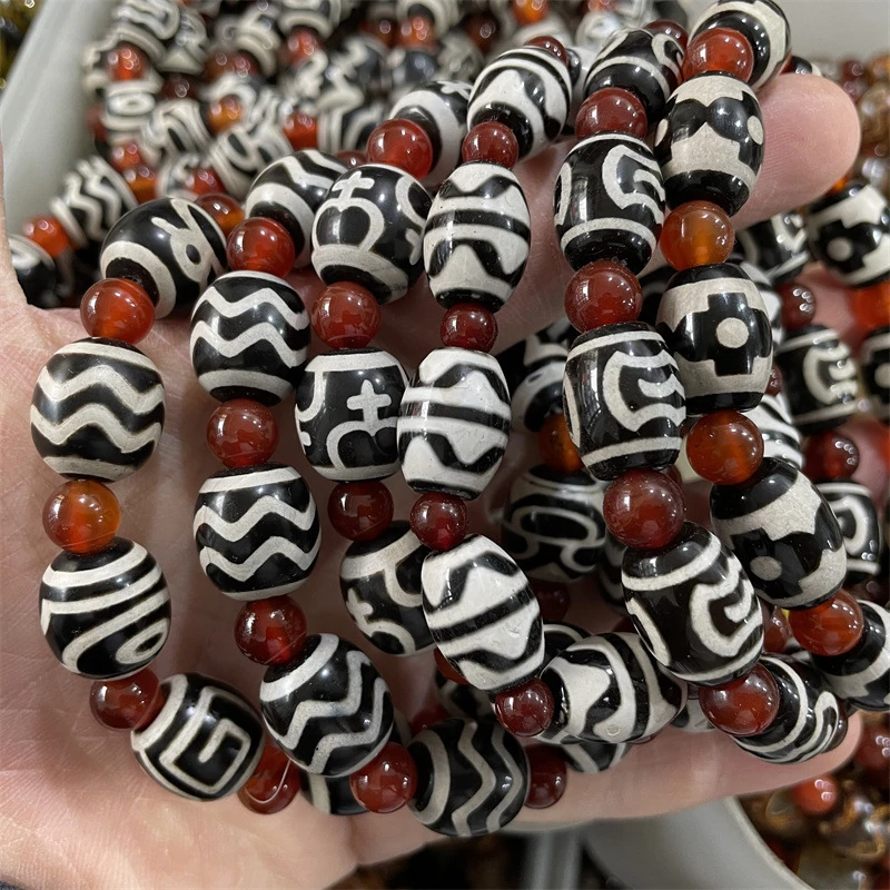 Tibetan-style vintage black white agate multi-bead bracelet with water ripple pattern featuring large vulture and double