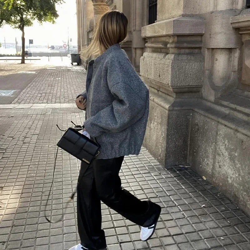 Chaqueta informal gris para mujer, dama elegante, mangas largas, cuello simulado, abrigo grueso cálido, Top femenino, ropa de otoño e invierno