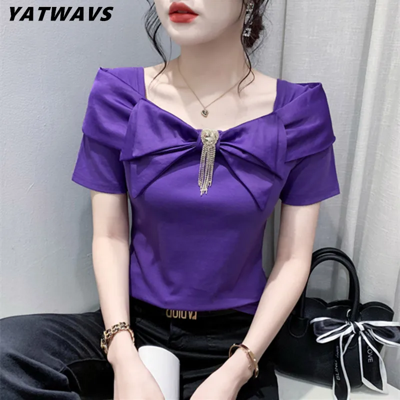 

New Arrivals European Short Sleeved Women T-shirt Summer Square Neck Bow Diamonds Lady Tops High-End Temperament Tassels Tees