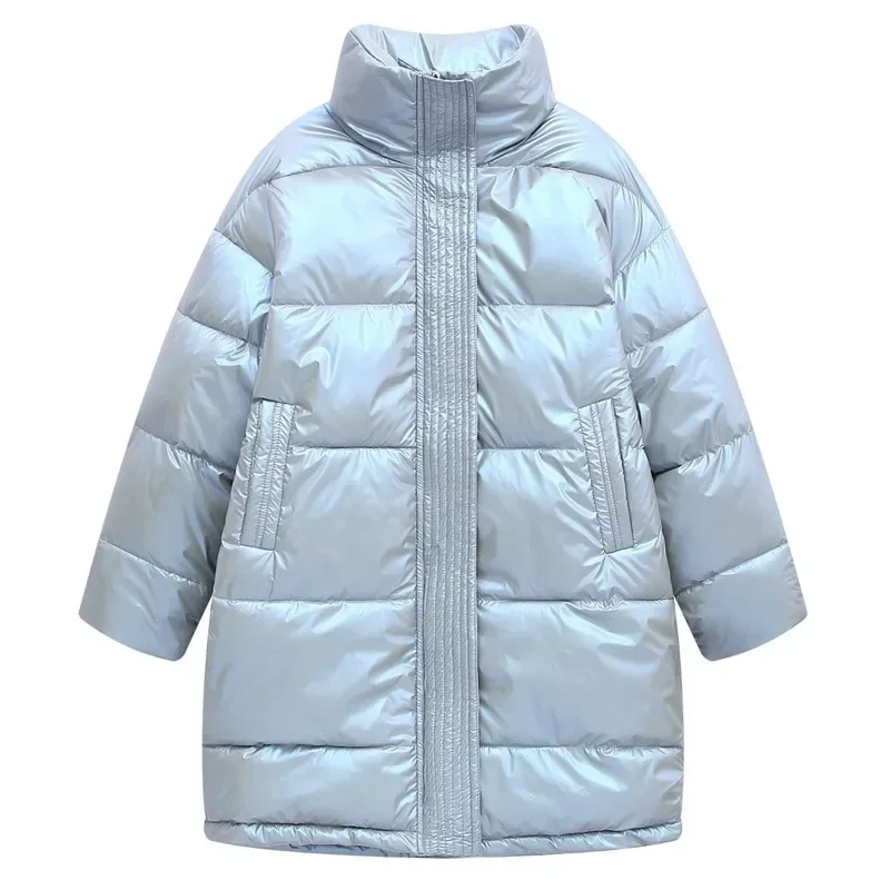 Manteau long en coton pour femme avec visage brillant, veste d'hiver pour femme, col montant, grande taille, nouveau, 2024