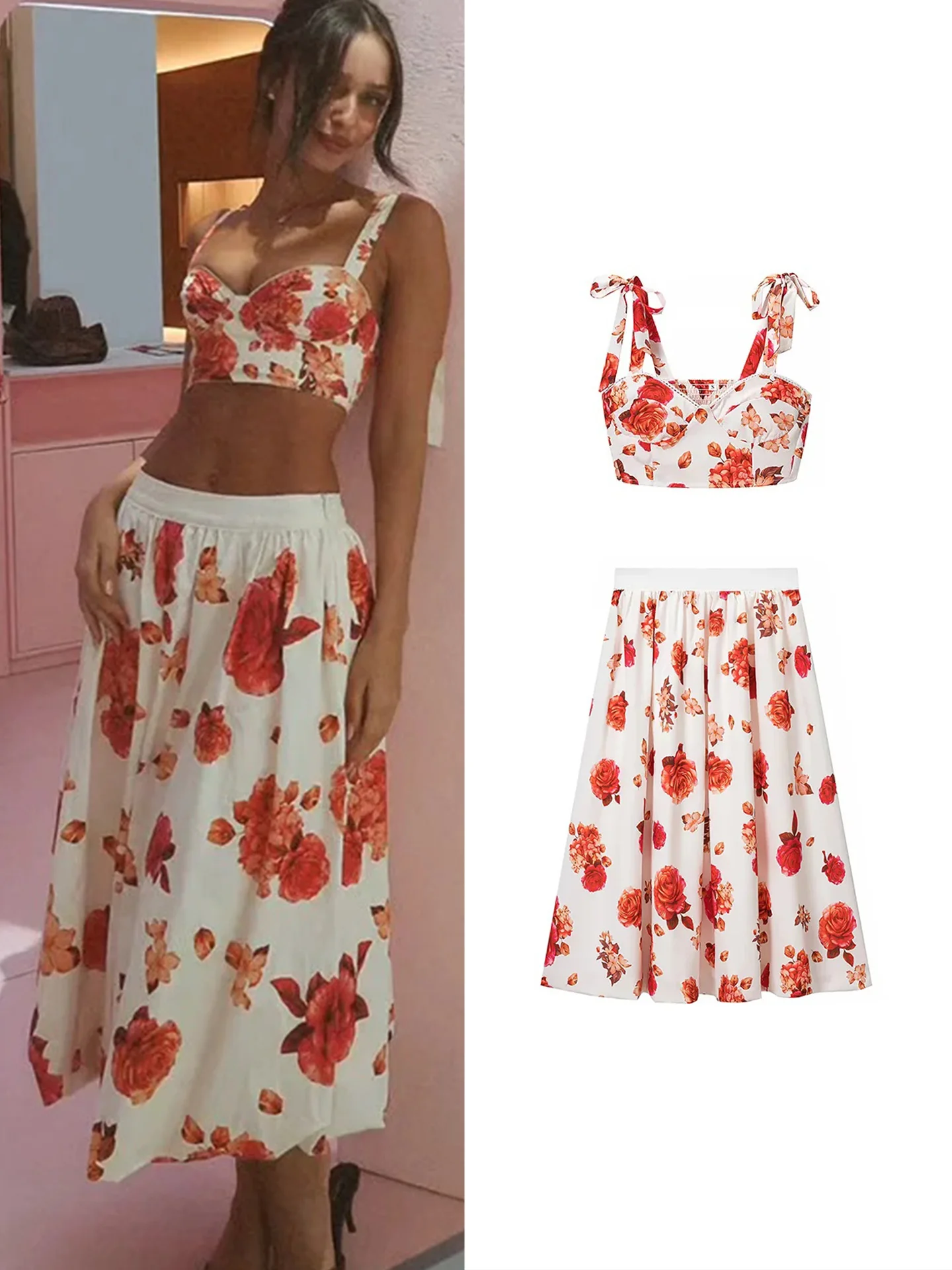Autumn New Arrival Women's Knot Belted Short Print Halter Top Zipper Mid-Length Skirt Set Fashionable Two-Piece Suit