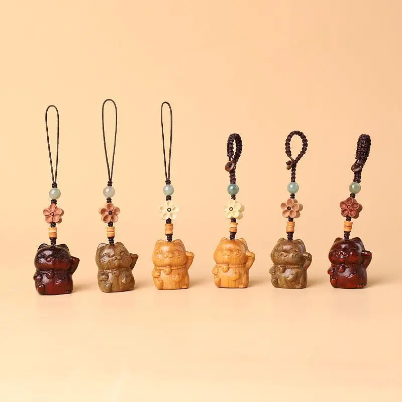 Sandalwood Cute Cat Beaded Keychain Lovely Phone Bag Pendant Creative Couple Small Gift Cartoon Wooden Animal Hanging Decoration