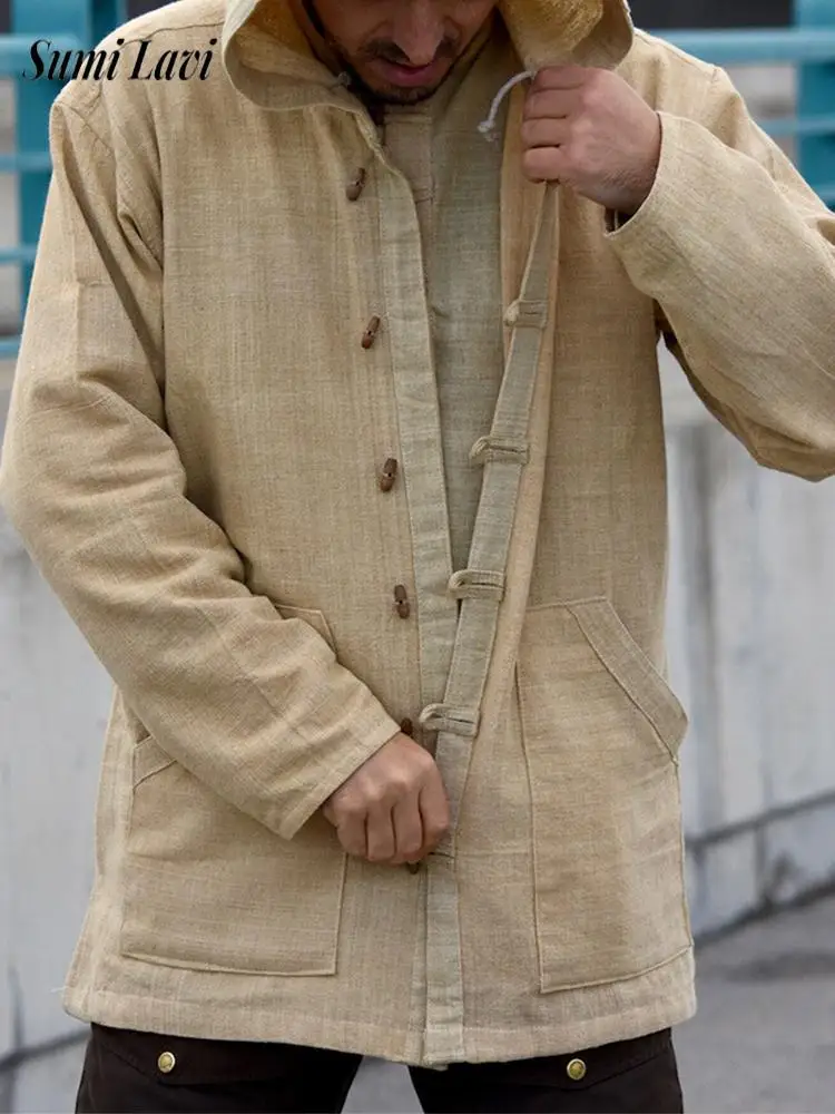 

Повседневная дышащая льняная куртка-рубашка, мужская весенне-осенняя винтажная однотонная верхняя одежда с капюшоном, мужские дышащие куртки для отдыха