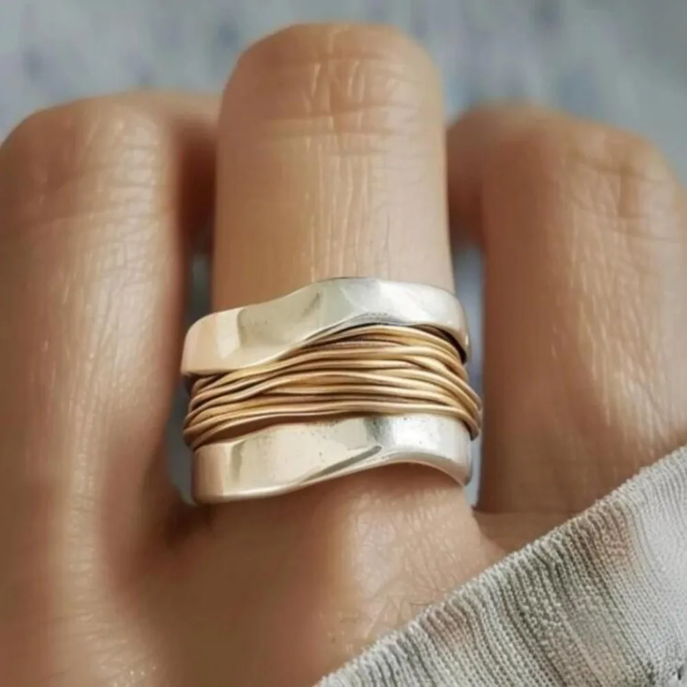 Double Layer Geometric Wide Face Ring Steel Wire Entwined Style Two-tone Ring Engraved Line Minimalist Punk Style Ring