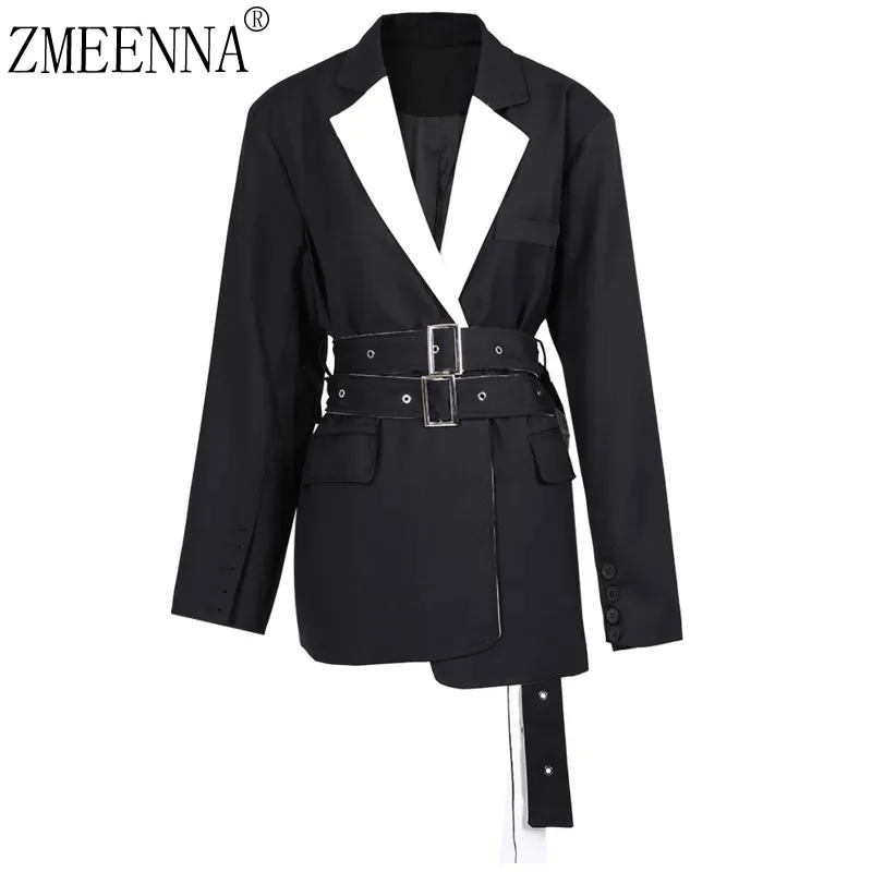 ZMEENNA-Blazer noir à manches longues pour femme, veste à revers, bloc de documents bandage, grande taille, marée de mode, printemps, automne, nouveau, 2024, XF2231