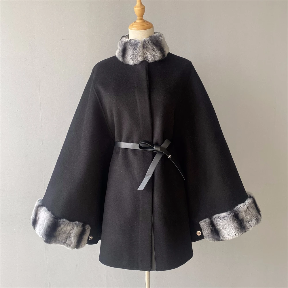 

Jaxmonoy Women's Wool Coat with Real Rabbit Fur 2025 Autumn Winter Fashion Woolen Cloak Ladies Elegant New In Outerwear Female