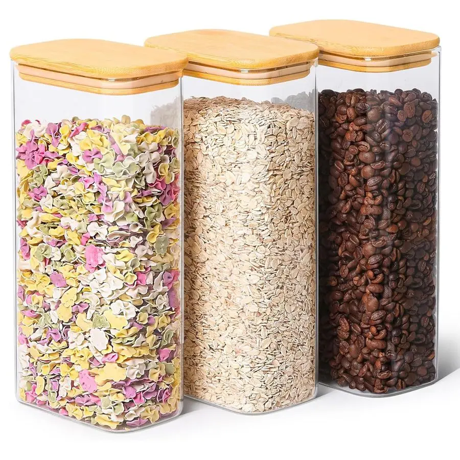 

Набор из 3 прямоугольных стеклянных контейнеров для хранения объемом 2 кварты с бамбуковыми крышками, прозрачные банки для еды, квадратные емкости для кладовой