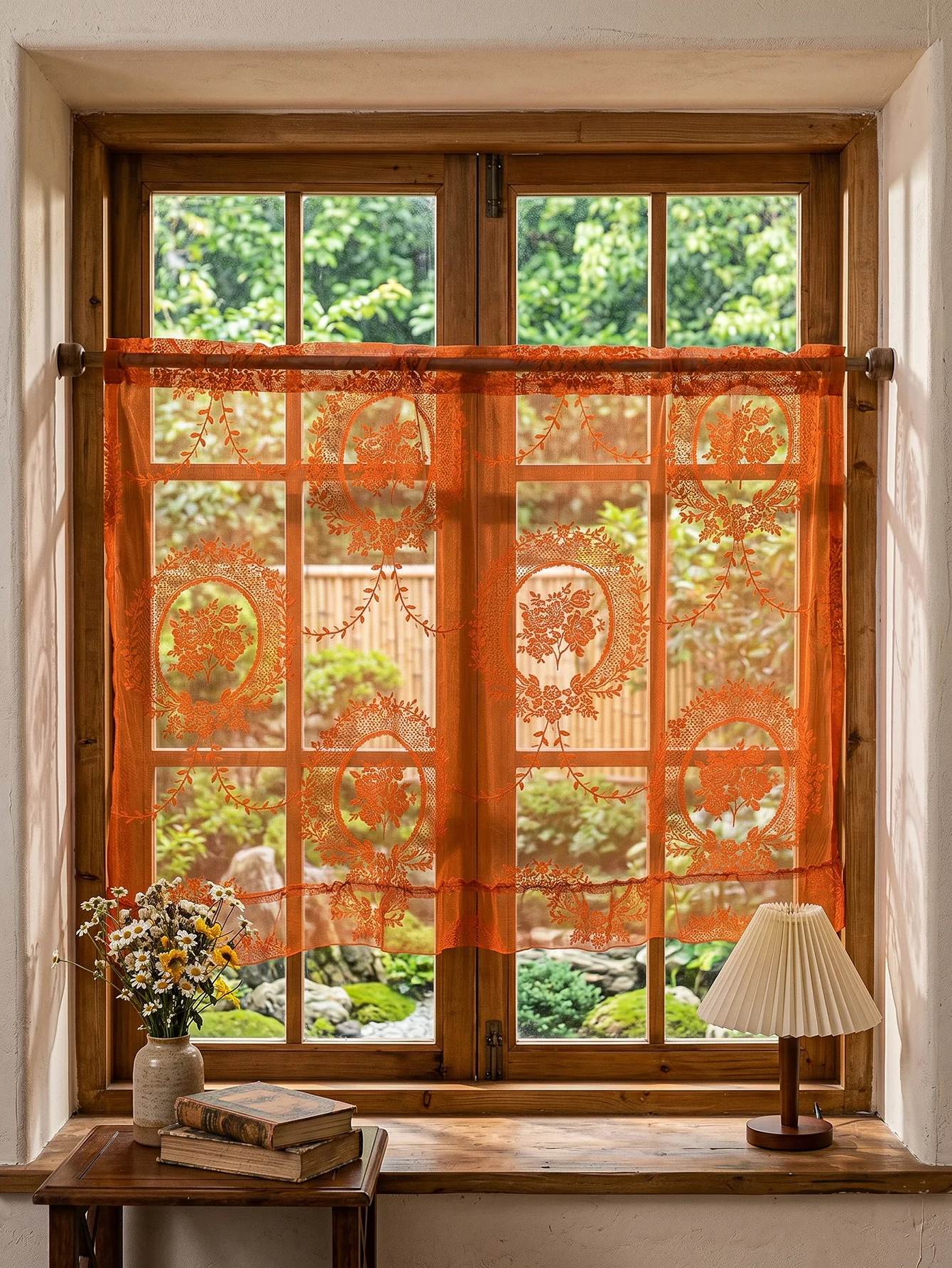 Bohemian Floral Lace Valance, Semi-Sheer Light Filtering Orange Curtain for Boho Bedroom