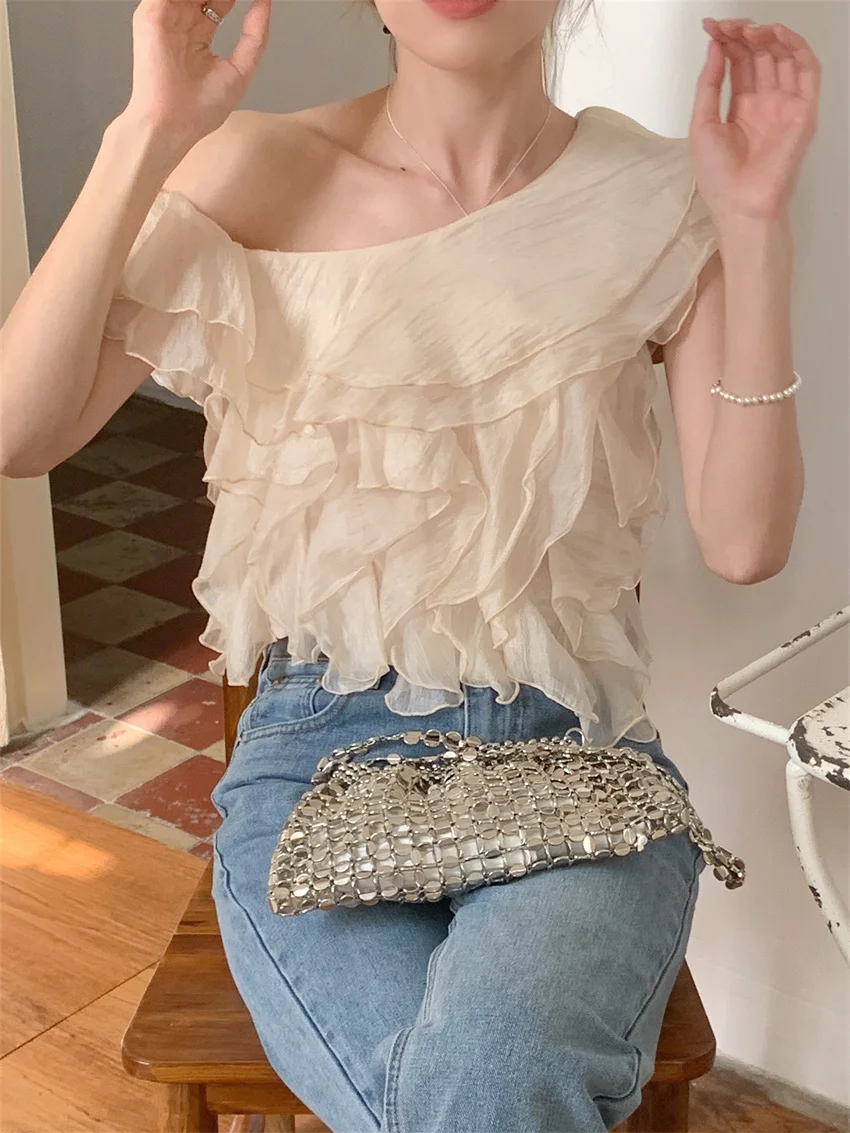 Alien Kitty S-M Apricot Blouses Ruffles Daily Summer Gentle Skew Collar Tank Tops Slim 2023 New Elegant Office Lady Chic Solid