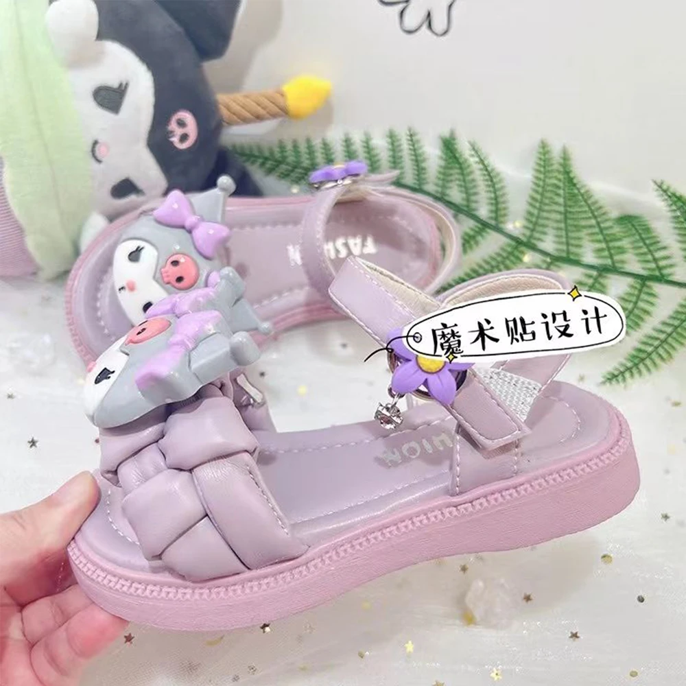 Sanrios Girls' Summer Sandals Kuromi Anime Soft Sole Anti Slip Flat Bottom Beach Shoes Kids Open Toe Fashion Princess Pink Shoes