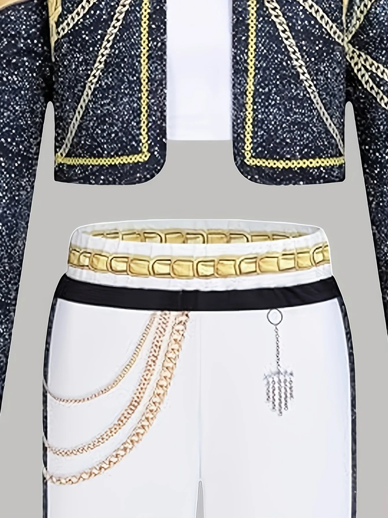 3-teiliges Set für Kinder und Mädchen, glitzernde, bestickte Crop-Jacke und Shorts mit Kettenverzierung und Cami-Top, Bühnenkostüm für Tanzauftritte – Detail 4