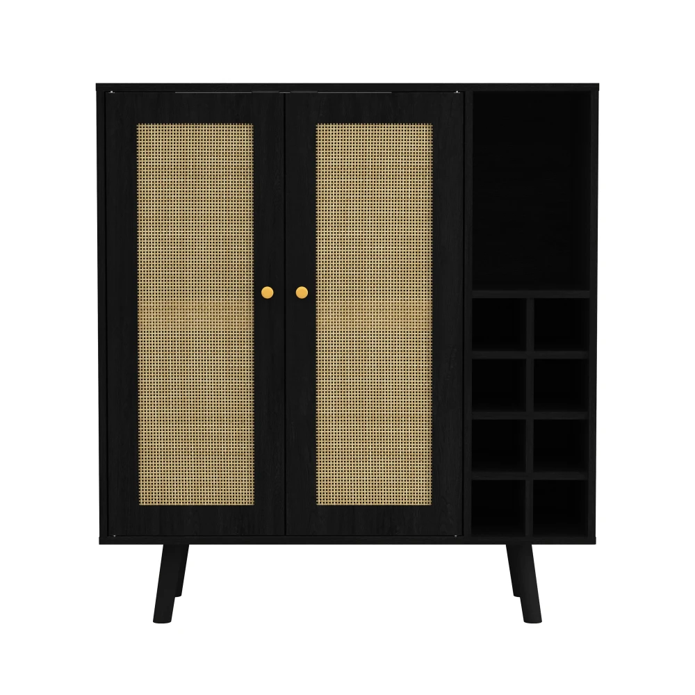 

Bohemian Bar Cabinet, Natural Rattan Doors, Removable Wine Rack in Ebony