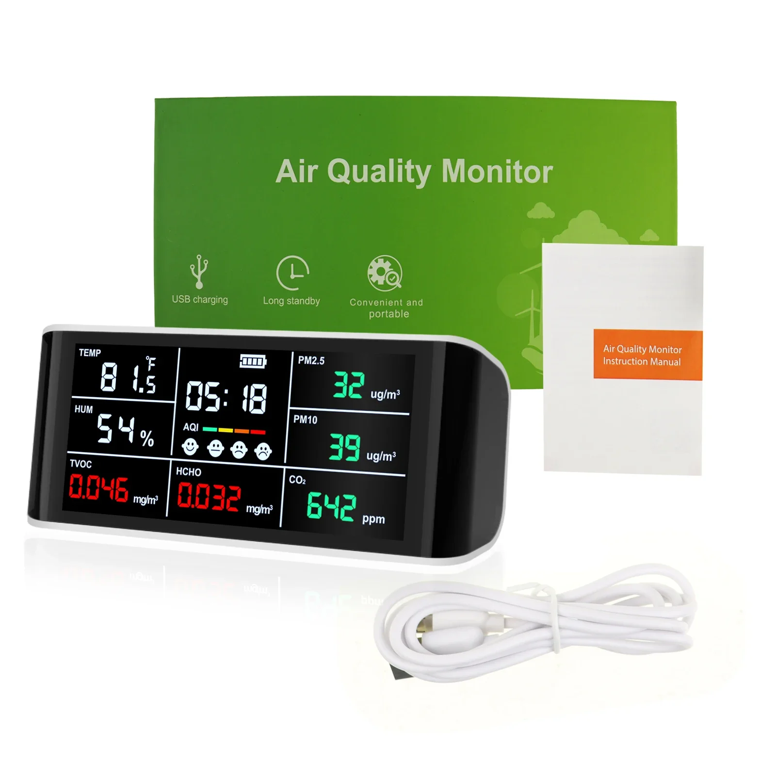 Portable Design Air Quality Monitor CO2 Detector Colored Screen USB Powered HCHO, TVOC, AQI, PM2.5/10, Temp & Humidity