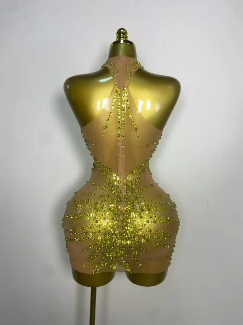 Estoque cantor dançarino mostrar palco wear strass brilhantes sexy malha ver através do vestido festa de formatura celebrar aniversário vestido