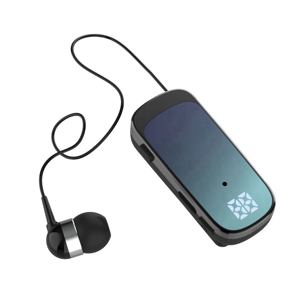 New K65 Tie-Clip Retractable Wired Bluetooth Headset In-Ear Digital Display Long-Life Business Single-Ear Headset Haze Blue