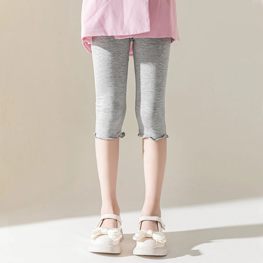 Summer Girls Sweet Style Leggings Kids Ruffle Trim Solid Color Calf-Length Pants Elastic Waist Breathable Children Trousers