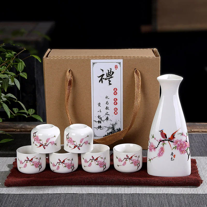 Ceramic Wine Set Liquor Spirit Pot 6 Cups Japanese Sake Pot Bar Set in Gift Box