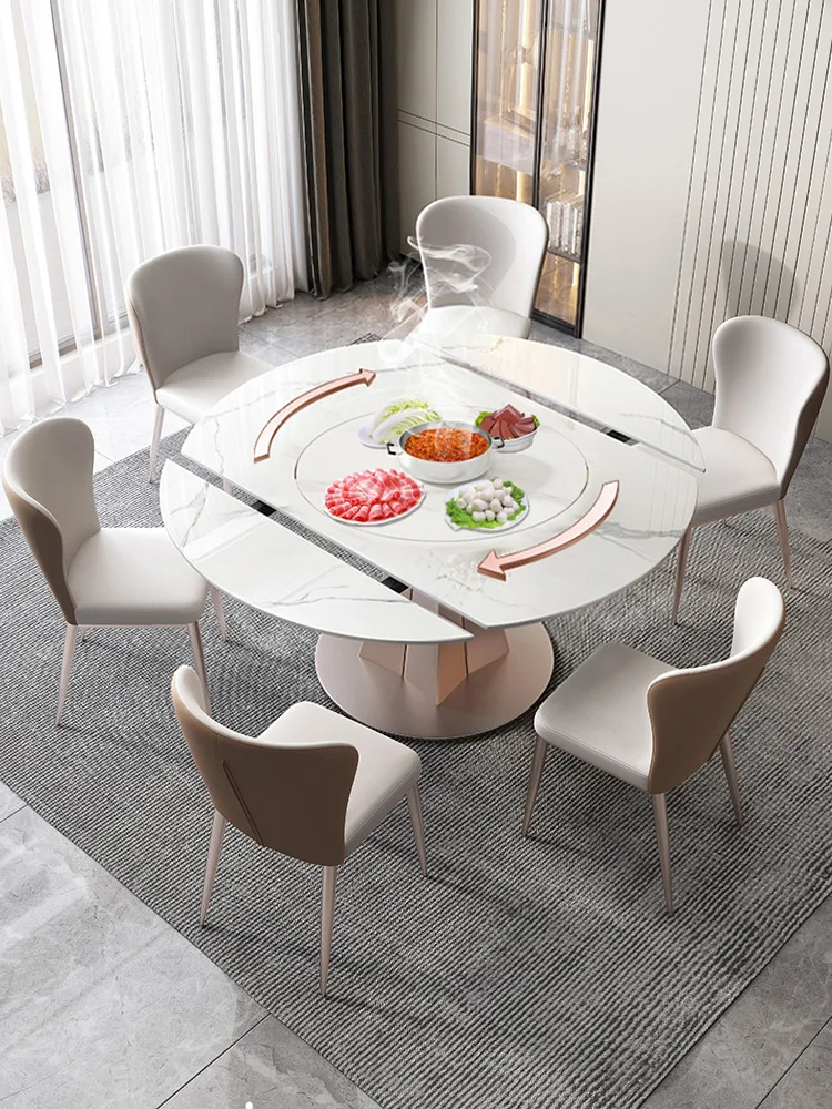 Rock slab embedded round dining table and chair combination with induction cooker household small apartment rotating
