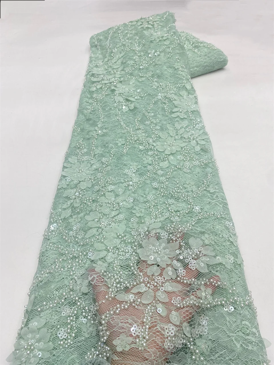 

Роскошная африканская ткань, кружево 5 ярдов, 3D кружево, высокое качество, синие блестки, французские кружевные ткани с бисером для шитья свадебного платья HXZ6388