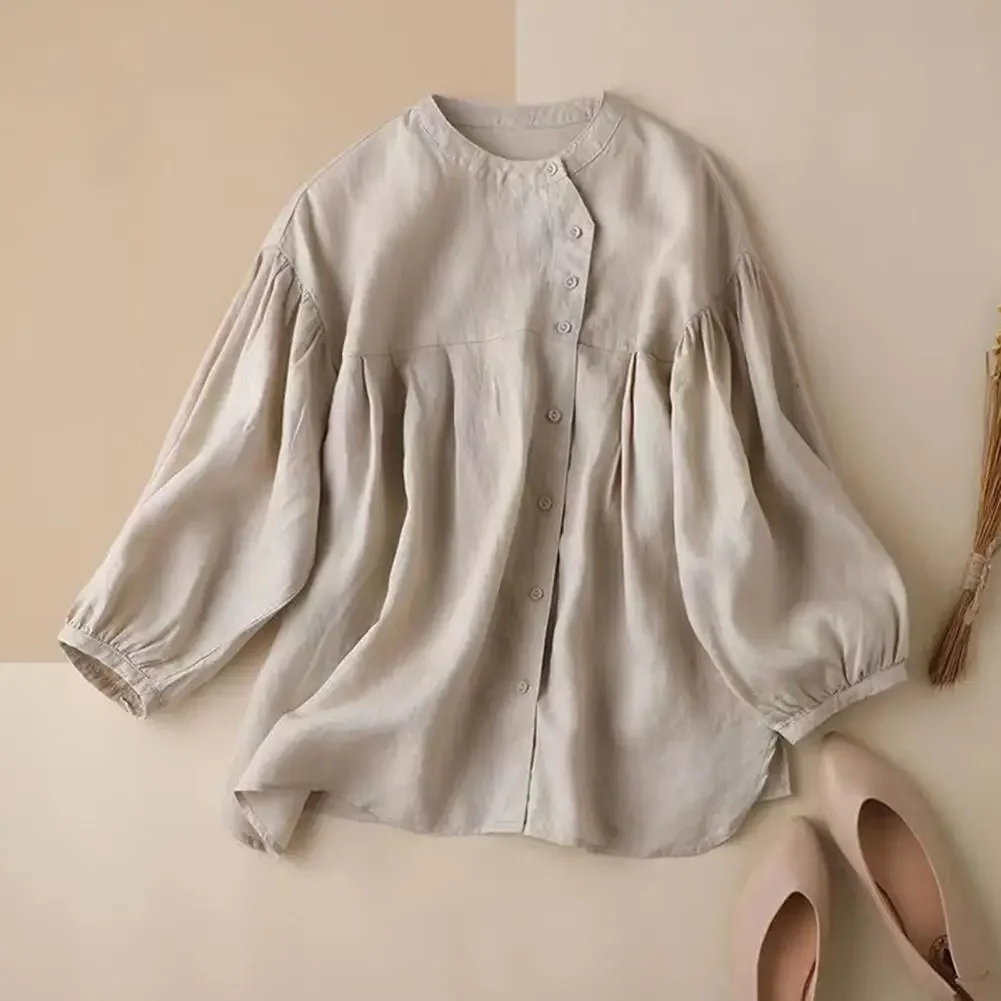 

Women Shirt Tops Elegant Puff Sleeve Top Vintage-inspired Women's Casual Shirt O-neck Lantern Sleeve Single Breasted Top