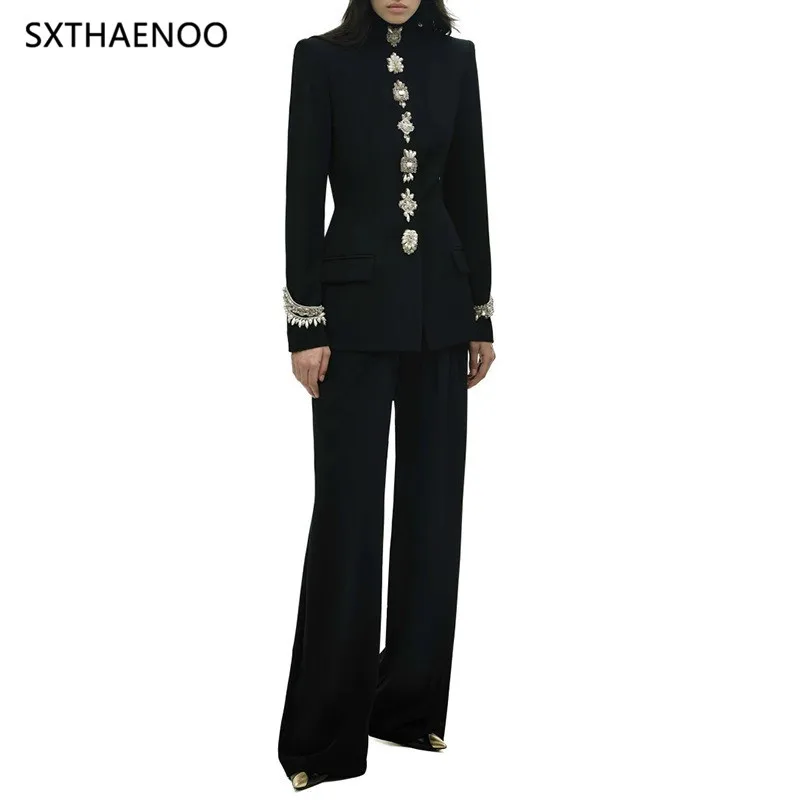 

SXTHAENOO Slimming Two Piece Sets for Women Stand Neck Long Sleeves Spliced Bead Blazer Wide Leg Pant Fashion Set Female 2025