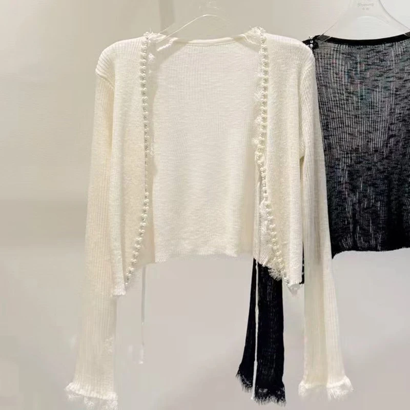 Slim Fit Short Knitted Sweater Women's Summer Open Cardigan Outerwear Sun Protection Top Heavy Embellishment Thin Material