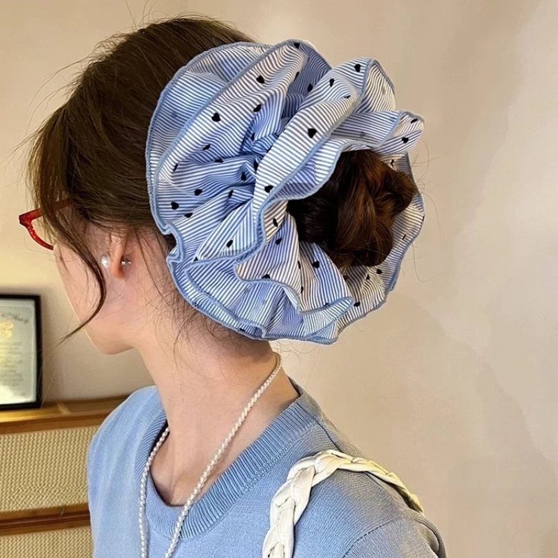 

Blue Striped Scrunchies Elastic Hair Bands Heart Print Hair Rope Ties for Women Hair Accessories Ponytail Holder Rubber Bands