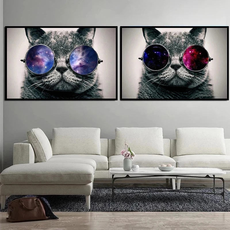 Fahion Cat With Galaxy Glasses Cat Poster and Print Funny Art Animal Canvas Painting Pictures For Living Room Home Decoration