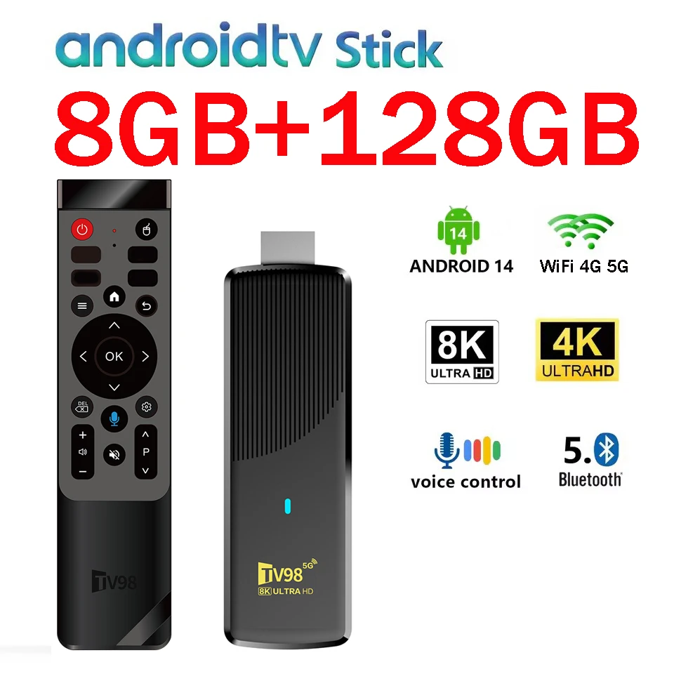 TV98 ATV X9 TV Stick 8GB 128GB Android 14.0 Allwinner H313 رباعي النواة Wifi 4G 5G BT5.0 مساعد صوتي HD 4K 8K iptv