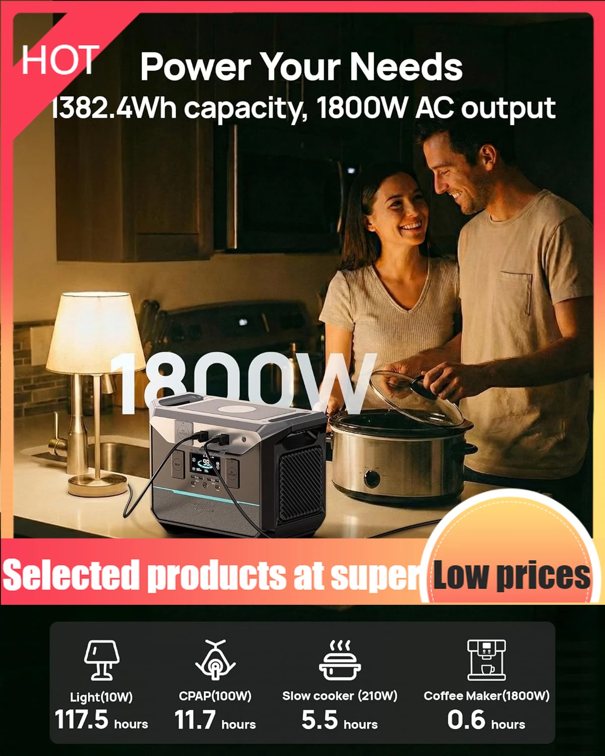 

Портативная электростанция ограниченной серии, 1382.4 Вт·ч, LiFePO4 аккумулятор, 1800 Вт (3000 Вт пиковая мощность), солнечный генератор с быстрой зарядкой за 1.3 часа, 15 мс