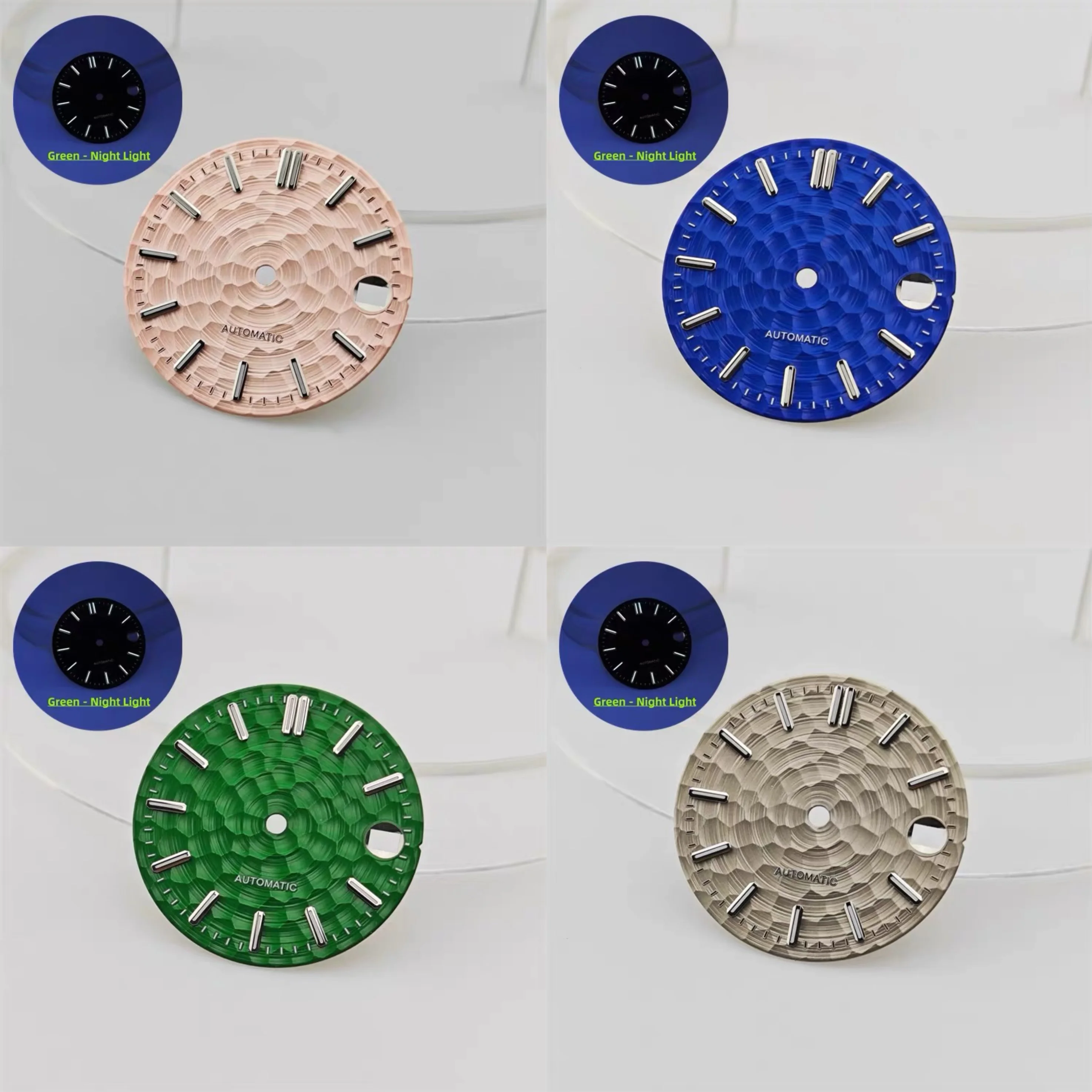 28.5MM Hammer Texture Watch Dial Compatible with NH35 NH36 Movement Green Luminous Date Window DIY Mod Parts