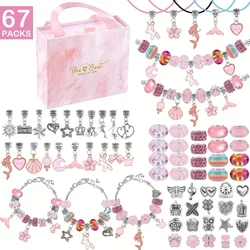 67pcs Pink Jewelry Making Kits -Charm Bracelet Making Kit with 60 Charms Beads, 3 Bracelet Chains and 3 Necklace Cords