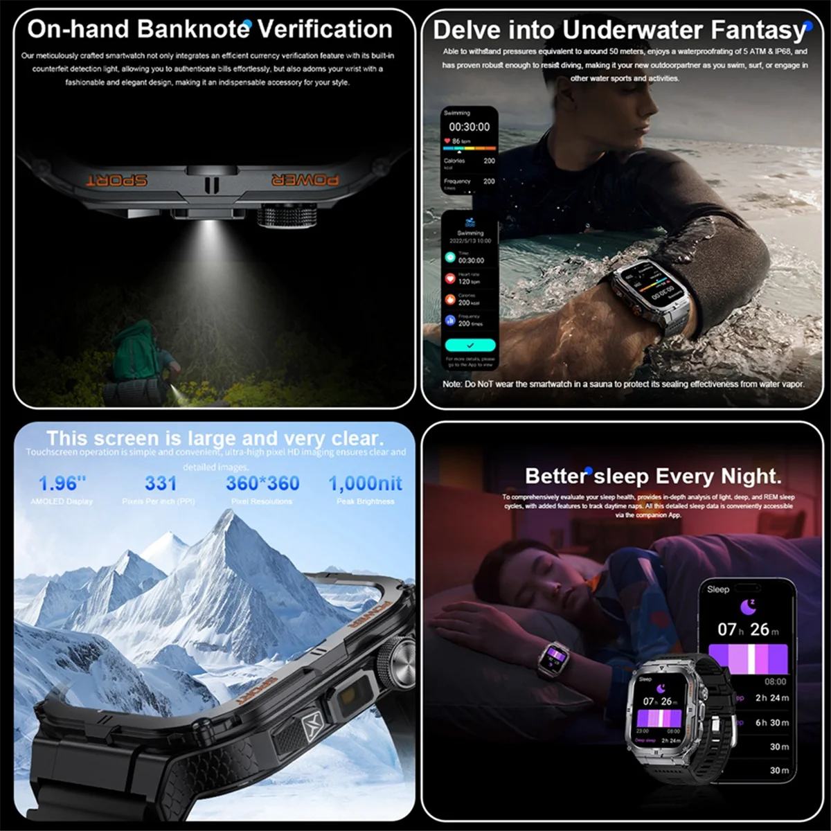 POP-lMen's Smartwatch 블루투스 통화 추적기 스포츠 시계 디지털 피트니스 Smartwatch LED 손전등 실버 실리콘