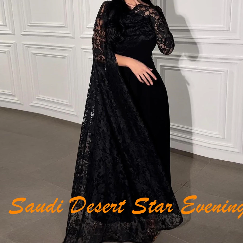 A-Line O-neck Satin Long Sleeves Elegant and Temperament Evening Dresses Watteau Train Lace Pleats Zipper Back Saudi Arabia 2024