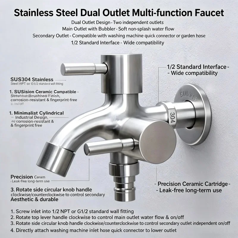 Dual Outlet Utility Sink Faucet – Multi-Purpose Two-Spout Water Tap for Laundry Sink and Washing Machine Hookup