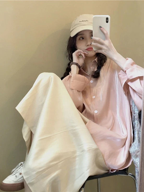 

Faionable Korean Sle Women's Outfit Loose Long Sve Sun Protection irt And Skirt Two-Piece Set Pink Color Anti-Aging