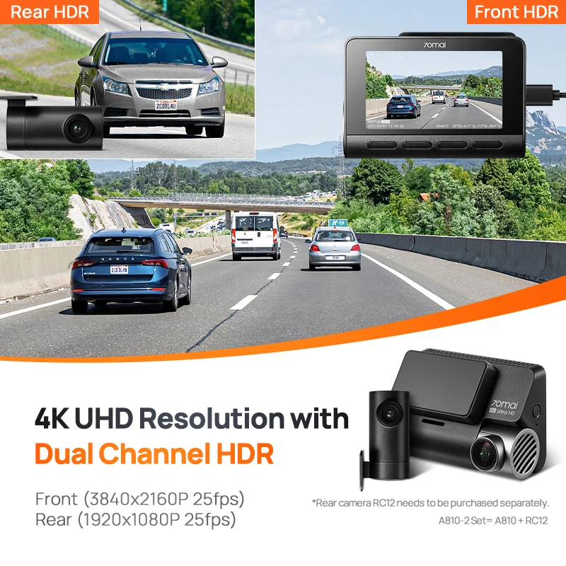 70mai Dash Cam A810 UHD 4K 150FOV GPS ADAS 24H Parking 4G Connectivity Car DVR 70mai 4G A810 HDR Dual-Channel Route Tracking