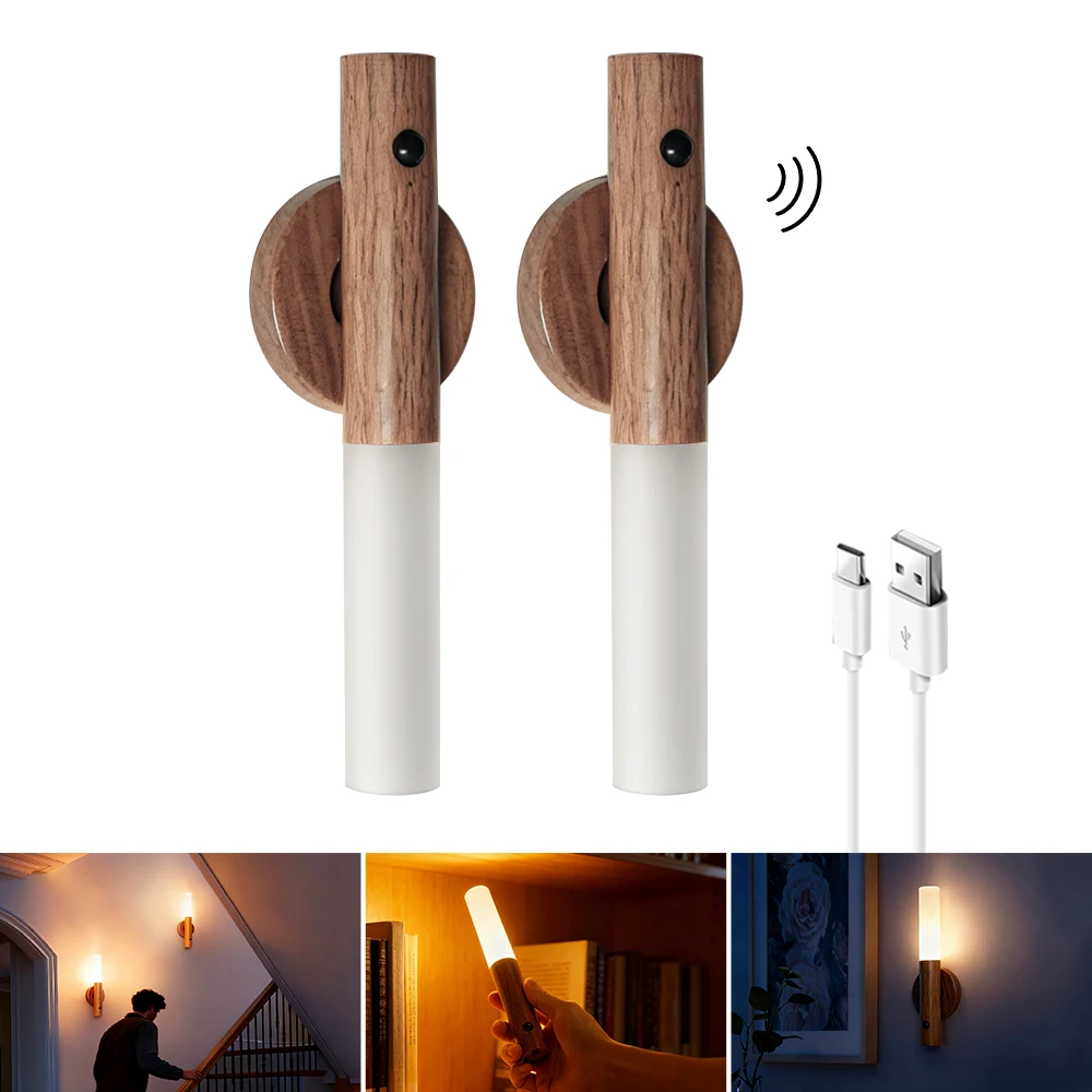 Wood Grain Rechargeable Smart Motion Sensor LED Wall Lamp Charging Magnetic Suction Dimmable Nighe Light LED Wall Sconces