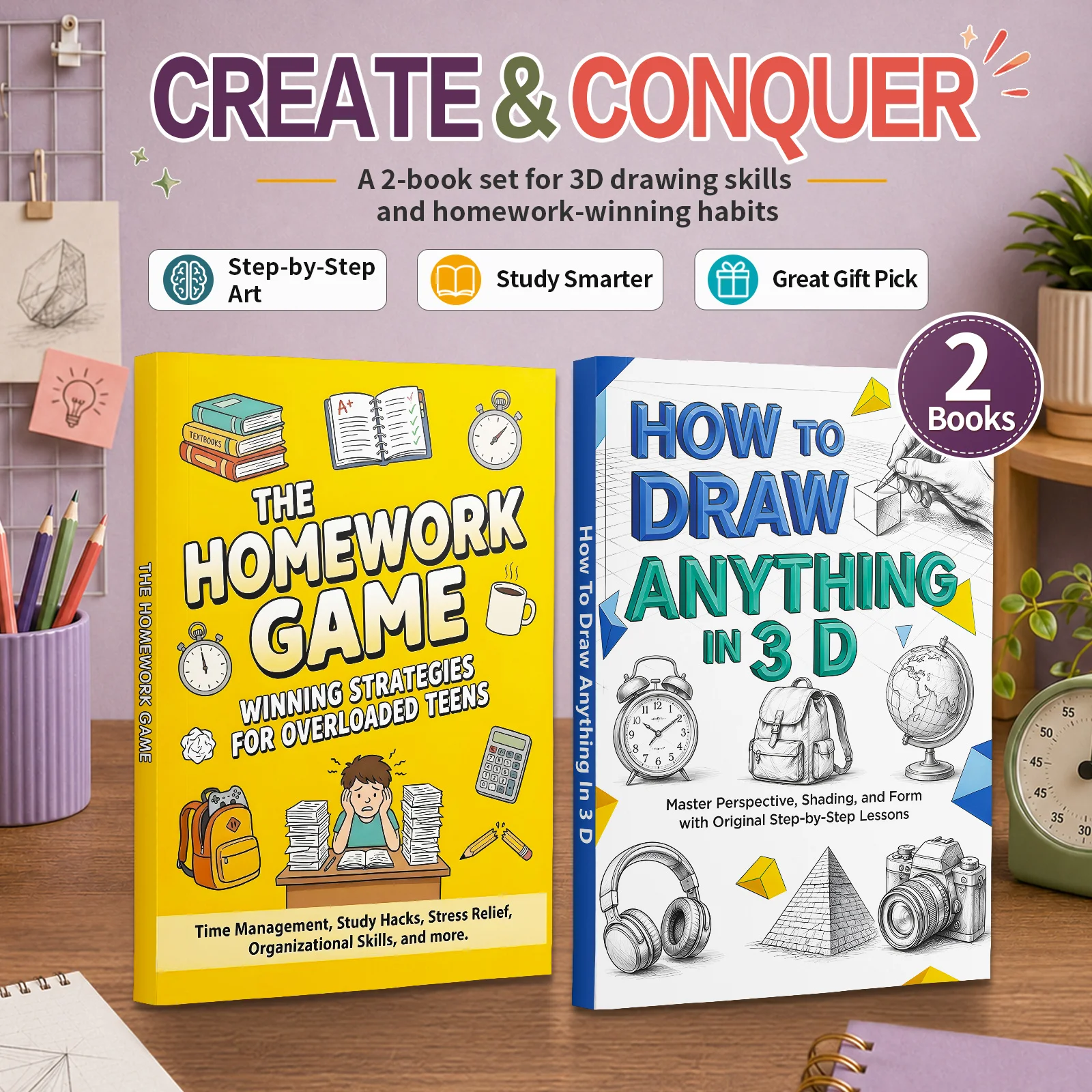 2-Book Teen Homework Strategy and 3D Drawing Skills Book Set, Includes The Homework Game and How to Draw Anything in 3D
