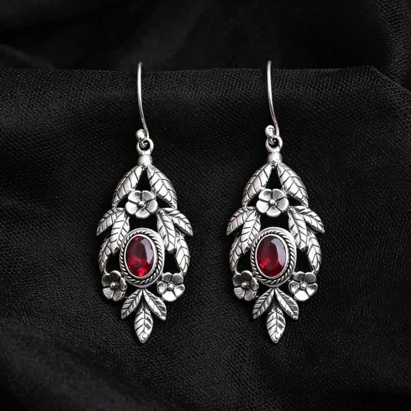 Gothic Style Vintage Red Synthetic Zirconia Silvery Leaf Hook Earring Women's Elegant Delicate Banquet Celebration Jewelry Gifts